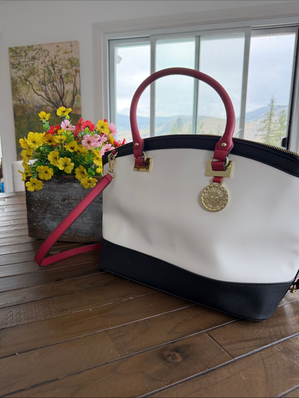 Classic Anne Klein White and Black Satchel with Red Handles